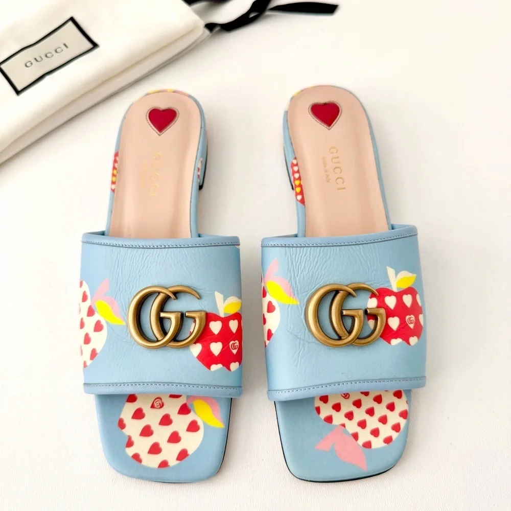 GUCCI || Blue Apple Print GG Marmont Slide Sandals Flats EU 37